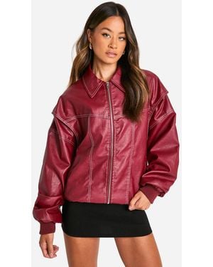 Boohoo Tall Pu Contrast Stitch Oversized Bomber Jacket - Red