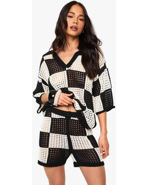 Boohoo Flannelerboard Crochet Wide Leg Beach Short - Black