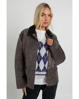 Boohoo Suede Look Contrast Stitching Collared Jacket - Gris
