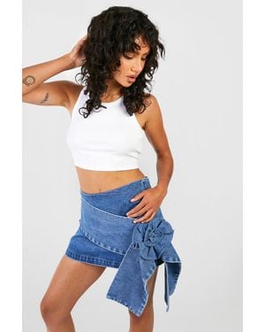 Boohoo Wrap Detail Rose Corsage Denim Mini Skirt - White