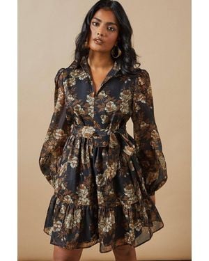 Oasis Organza Collared Mini Dress - Brown