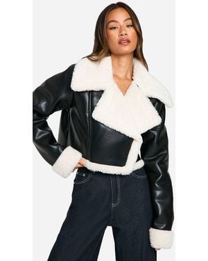 Boohoo Tall Faux Fur Lined Cropped Leather Jacket - Black