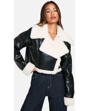 Boohoo Tall Faux Fur Lined Cropped Leather Jacket - Black
