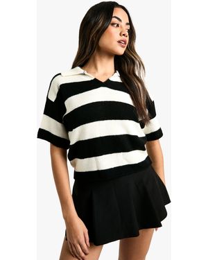 Boohoo Deep Stripe Crop Oversized Knitted Rugby Top - White