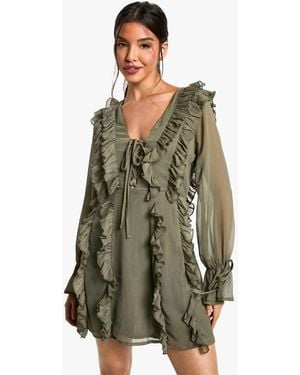 Boohoo Crinkle Chiffon Ruffle Shift Dress - Green