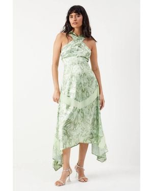 Warehouse Print Chiffon Lace Insert Midi Dress in Gray | Lyst