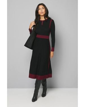 Wallis Fit And Flare Button Neck Knitted Dress - Black