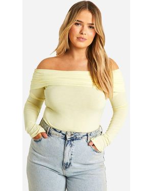 Boohoo Plus Bardot Ruched Long Sleeve Top - White