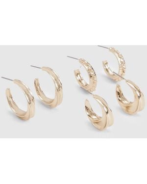 Boohoo Embossed Detail 3 Pack Hoop Earrings - Metallic