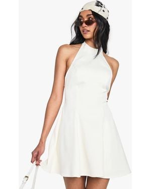 Boohoo Tailored High Neck Drop Waist Mini Dress - White