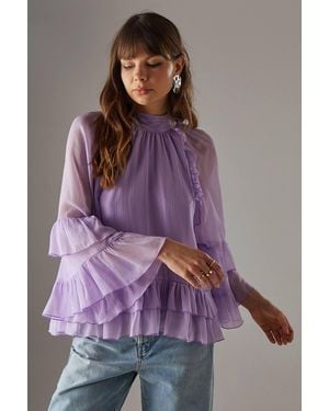 Warehouse Bow Back Ruffle Boho Top With Flared Sleeve - Purple