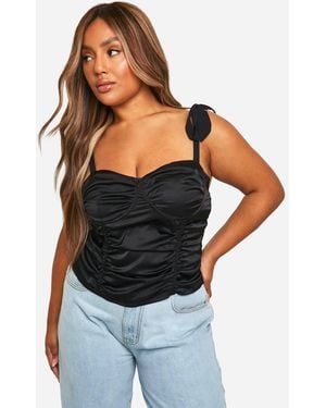 Boohoo Plus Tie Shoulder Ruched Body Corset Top - Black