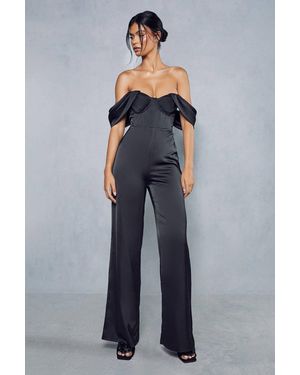 MissPap Satin Corset Bardot Jumpsuit - Blue