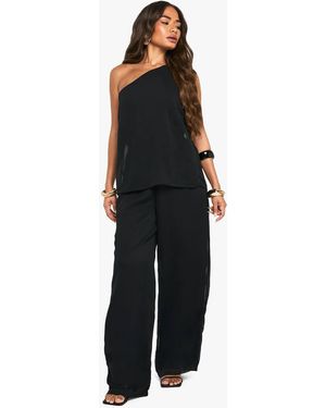 Boohoo Chiffon Textured Draped Wide Leg Jumpsuit - Black