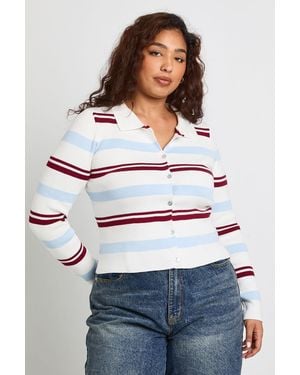 Boohoo Plus Collared Stripe Crew Neck Cardigan - Marrón
