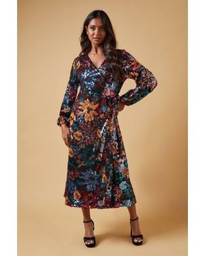 Oasis Occasion Floral Sequin Wrap Midi Dress - Blue