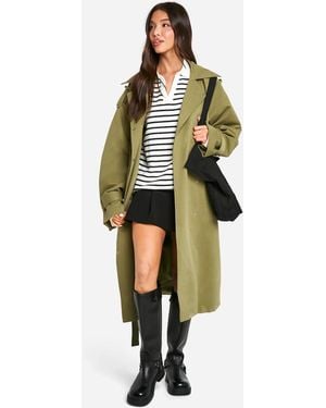 Boohoo Collar Detail Belted Trench Coat - Green