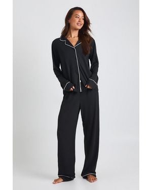 Boohoo Tall Jersey Piping Detail Long Sleeve Shirt & Pants Pyjama Set - Blue