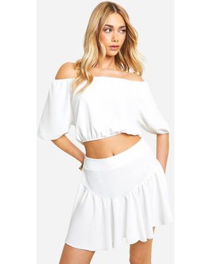 Boohoo Hammered Volume Sleeve Bardot & Mini Skirt - White