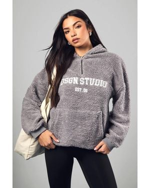 DSGN Studio Dsgn Studio Embroidered Borg Half Zip Hoodie - Gray