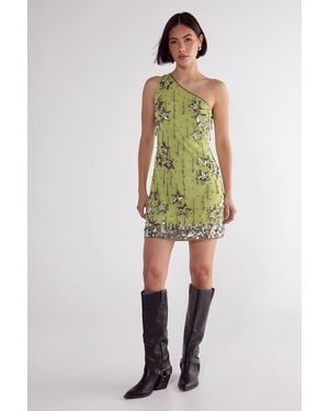 Nasty Gal Star Sequin Tassel One Shoulder Mini Dress - Green