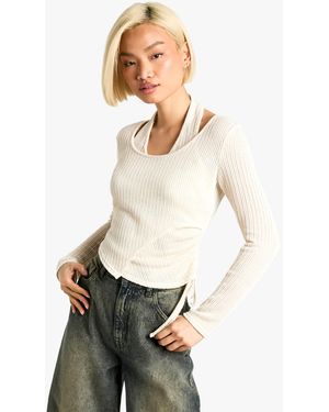 Boohoo Textured Rib Halter Neck Ruched Top - White