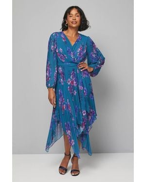 Wallis Floral Pleated Asymmetric Wrap Dress - Blue