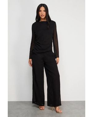 Warehouse Chiffon Mid Rise Palazzo Leg Trouser - Black