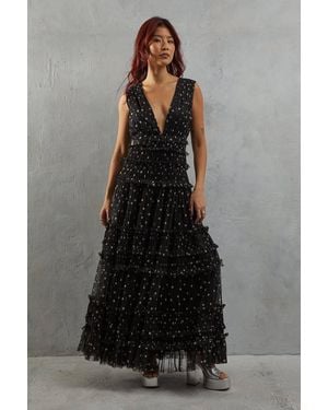 Warehouse Tulle Spot Sleeveless Plunge Neck Gathered Waist Tier Maxi Dress - Multicolor