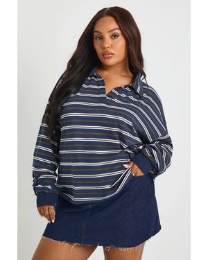 Boohoo Plus Striped Heavy Cotton Button Detail Collared Rugby Top - Blue