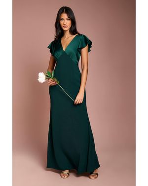 Coast Honoured Petite V Neck Angel Short Sleeve Satin Maxi Bridesmaid Dress - Green