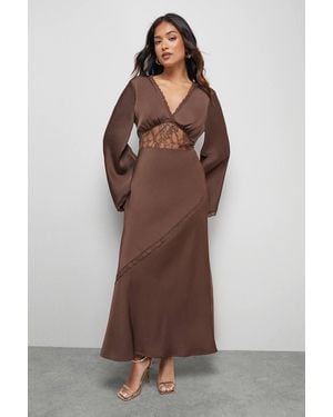 Oasis Petite Satin Lace Insert Flute Sleeve Midi Dress - Brown
