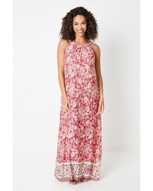 Wallis Tall Floral Border Print Jersey Halter Maxi Swing Dress - Red