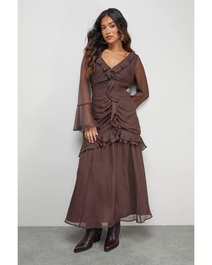Warehouse Petite Chiffon Ruffle Gathered Bodice Midi Dress - Brown