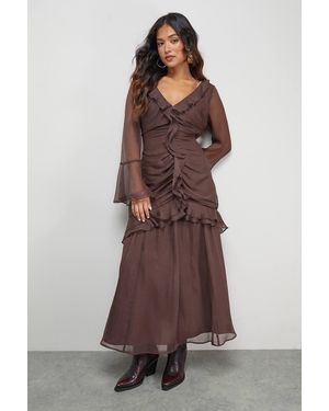Oasis Petite Chiffon Ruffle Gathered Bodice Midi Dress - Brown
