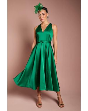 Coast Bow Trim V Neck Volume Skirt Midi Dress - Green