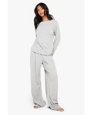 Boohoo Petite Pointelle Long Sleeve Top And Wide Leg Trouser Pajama Set - Gray