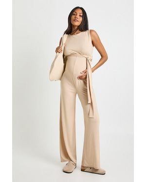 Boohoo Maternity Rib Belted Sleeveless Lounge Jumpsuit - Natural