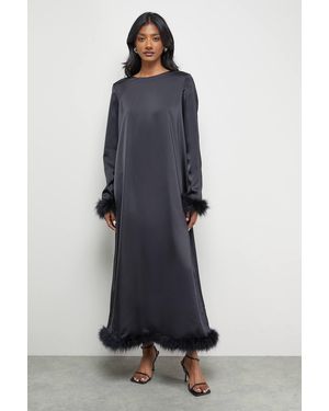 Warehouse Premium Satin Feather High Neck Swing Midi Dress - Blue