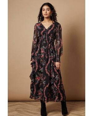 Oasis Petite Floral Printed Ruffle Detail Shirred Waist Midaxi Dress - Brown