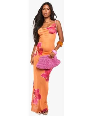 Boohoo Floral Cowl Neck Maxi Beach Dress - Orange