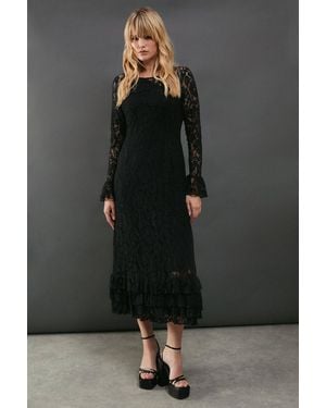 Warehouse Lace Tiered Ruffle Midaxi Dress - Black