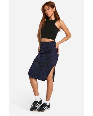 Boohoo Zebra Print Rib Side Split Midi Skirt - Blue