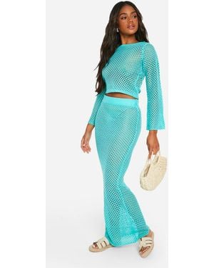 Boohoo Crochet Crop Top And Maxi Skirt Knitted Set - Blue