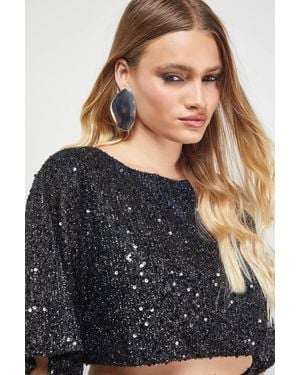 Warehouse Tinsel Sequin Cropped Tshirt Co Ord - Black
