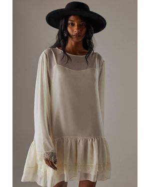 Warehouse Chiffon Lace Flared Sleeve Drop Hem Mini Dress - Brown