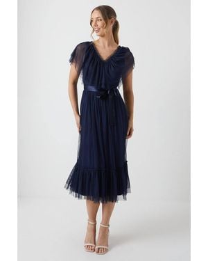 Coast V Neck Frill And Ribbon Detail Tiered Bridesmaid Midi Dress - Blue