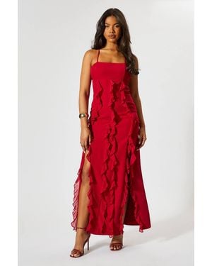 MissPap Square Neck Frill Low Back Maxi Dress - Red