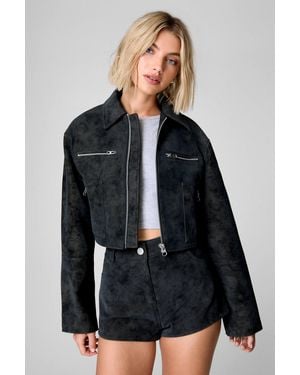 Nasty Gal Distressed Faux Leather Trucker Jacket - Black