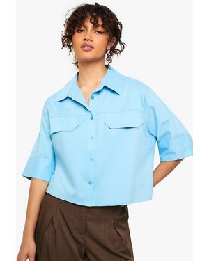 Boohoo Cotton Crop Shirt - Blue